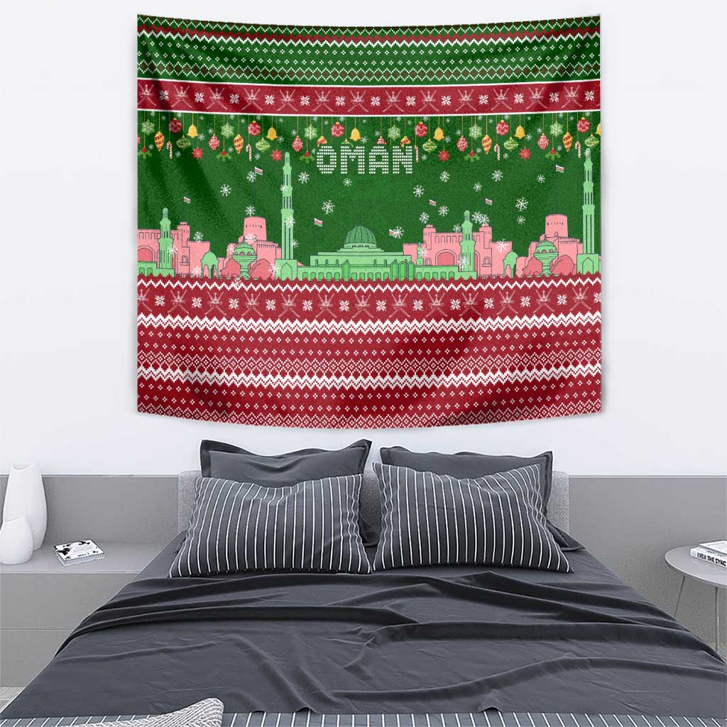 Oman Christmas Tapestry with Green-Red Pattern, Mosque and Fort Landmarks, and Festive Ornament Motif - Wonder Print Shop