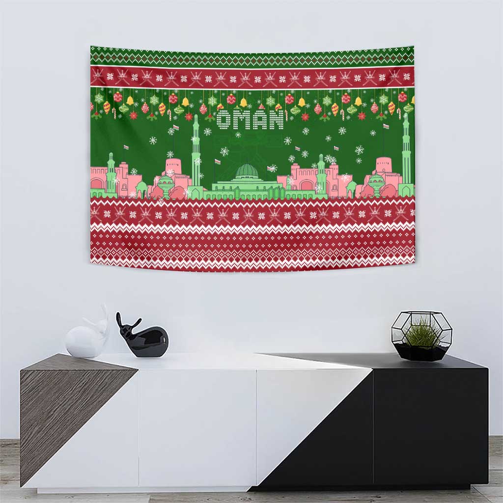 Oman Christmas Tapestry with Green-Red Pattern, Mosque and Fort Landmarks, and Festive Ornament Motif - Wonder Print Shop