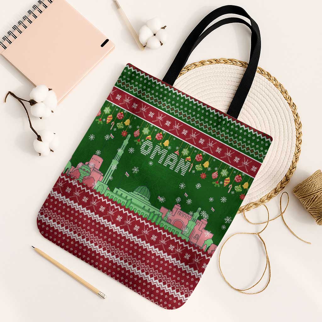 Oman Christmas Tote Bag with Green-Red Pattern, Mosque and Fort Landmarks, and Festive Ornament Motif - Wonder Print Shop