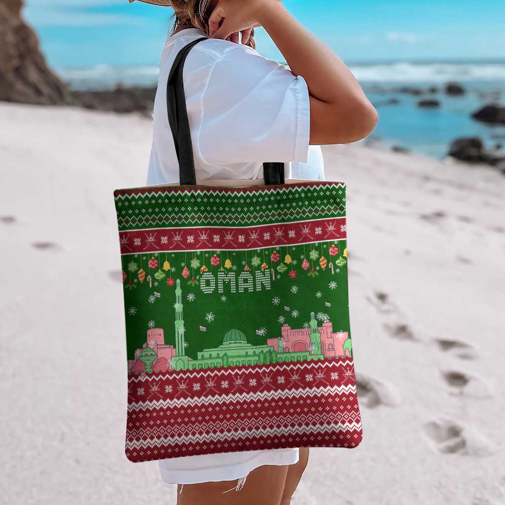 Oman Christmas Tote Bag with Green-Red Pattern, Mosque and Fort Landmarks, and Festive Ornament Motif - Wonder Print Shop