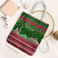 Oman Christmas Tote Bag with Green-Red Pattern, Mosque and Fort Landmarks, and Festive Ornament Motif - Wonder Print Shop