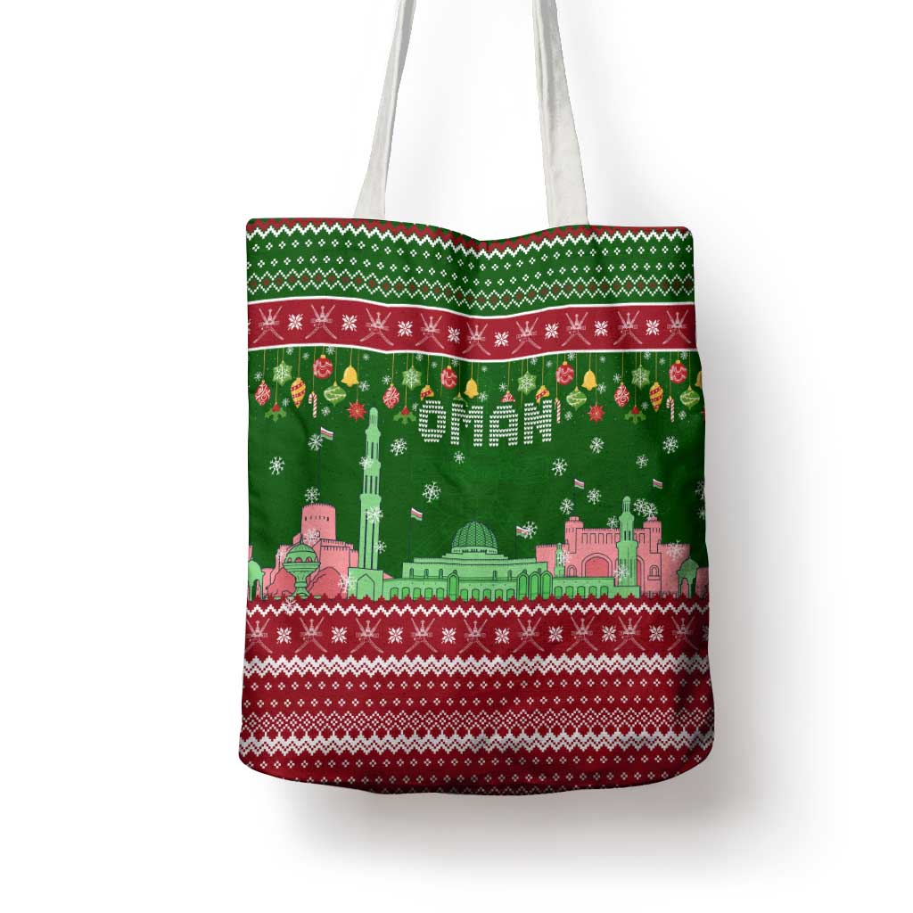 Oman Christmas Tote Bag with Green-Red Pattern, Mosque and Fort Landmarks, and Festive Ornament Motif - Wonder Print Shop