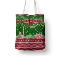 Oman Christmas Tote Bag with Green-Red Pattern, Mosque and Fort Landmarks, and Festive Ornament Motif - Wonder Print Shop