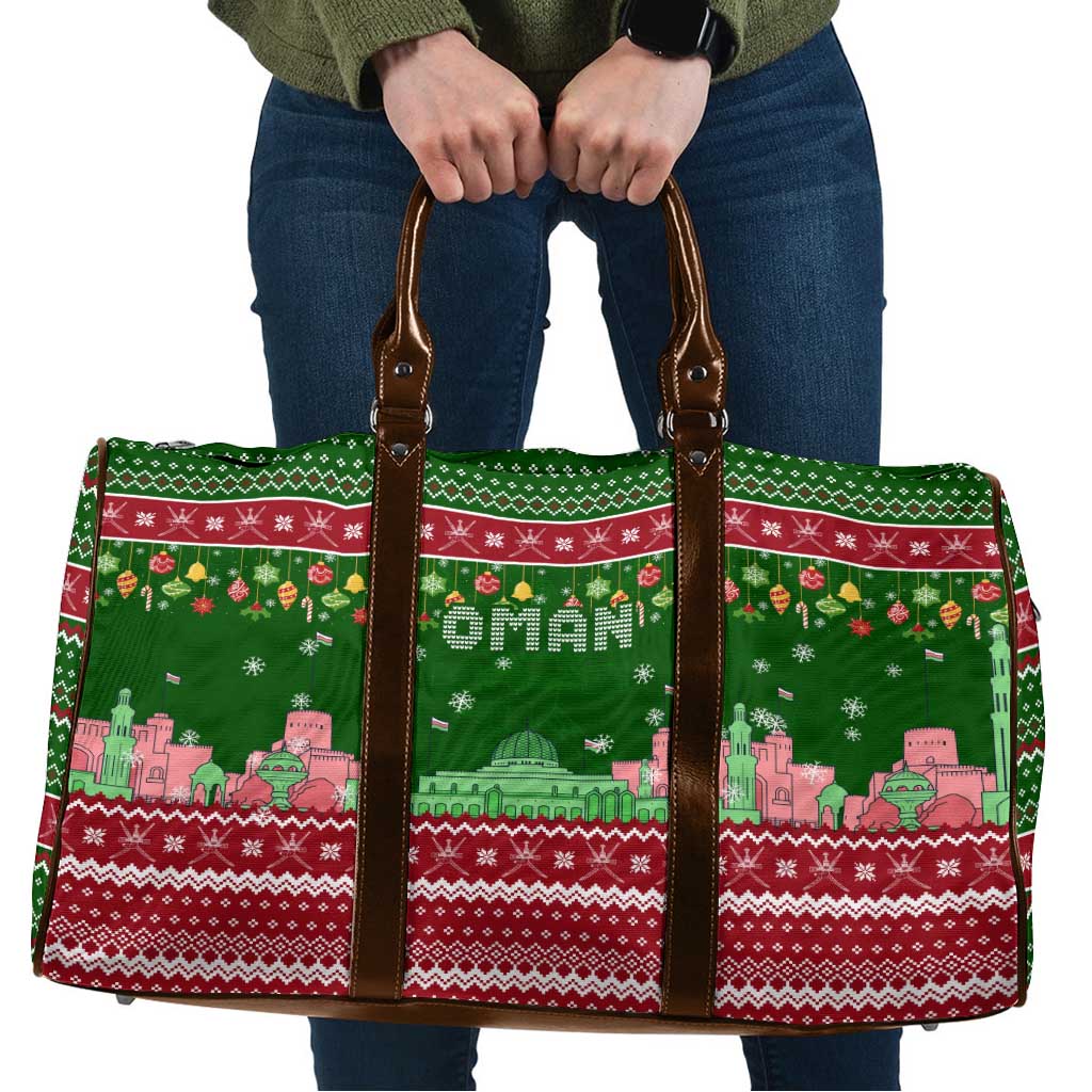 Oman Christmas Travel Bag with Green-Red Pattern, Mosque and Fort Landmarks, and Festive Ornament Motif - Wonder Print Shop