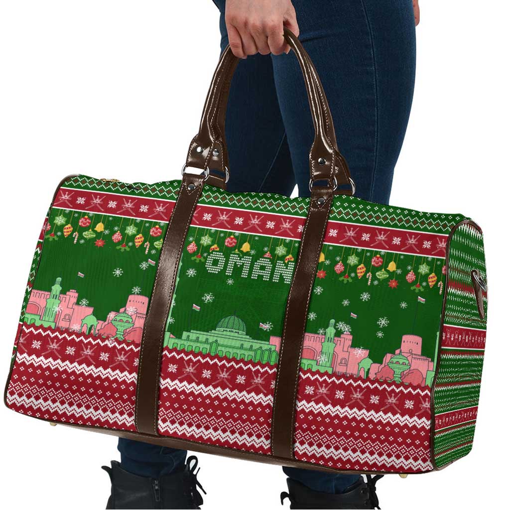Oman Christmas Travel Bag with Green-Red Pattern, Mosque and Fort Landmarks, and Festive Ornament Motif - Wonder Print Shop