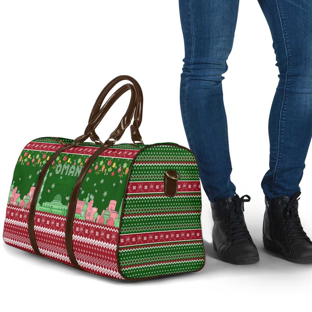 Oman Christmas Travel Bag with Green-Red Pattern, Mosque and Fort Landmarks, and Festive Ornament Motif - Wonder Print Shop