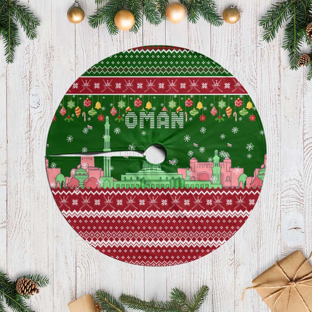 Oman Christmas Tree Skirt with Green-Red Pattern, Mosque and Fort Landmarks, and Festive Ornament Motif - Wonder Print Shop