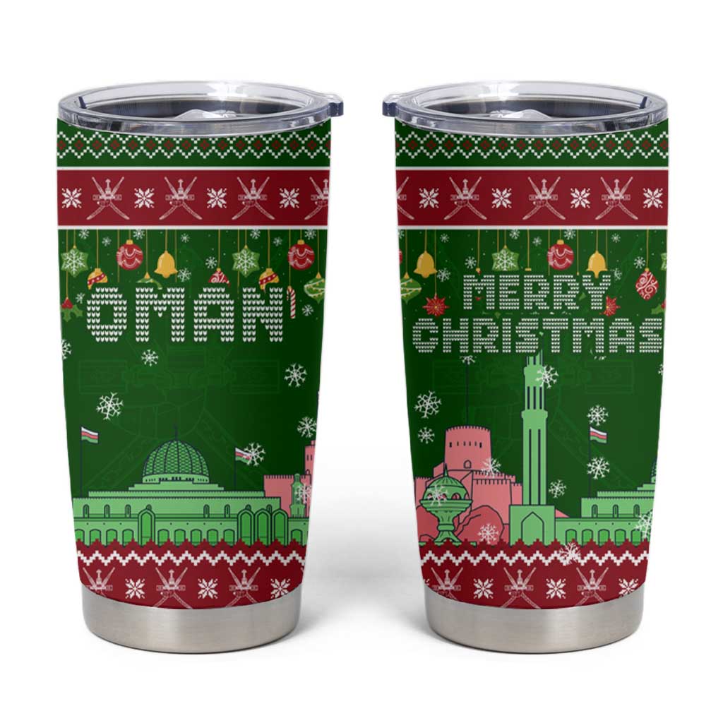 Oman Christmas Tumbler Cup with Green-Red Pattern, Mosque and Fort Landmarks, and Festive Ornament Motif - Wonder Print Shop