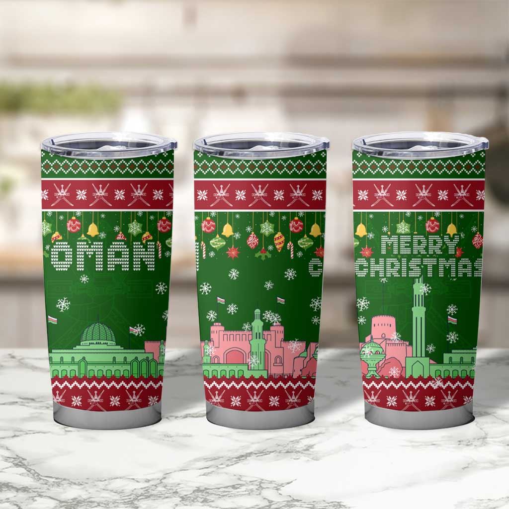 Oman Christmas Tumbler Cup with Green-Red Pattern, Mosque and Fort Landmarks, and Festive Ornament Motif - Wonder Print Shop