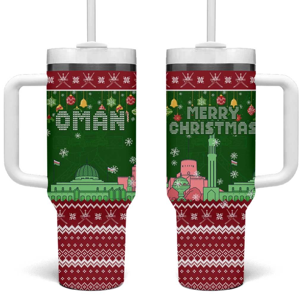 Oman Christmas Tumbler With Handle with Green-Red Pattern, Mosque and Fort Landmarks, and Festive Ornament Motif - Wonder Print Shop
