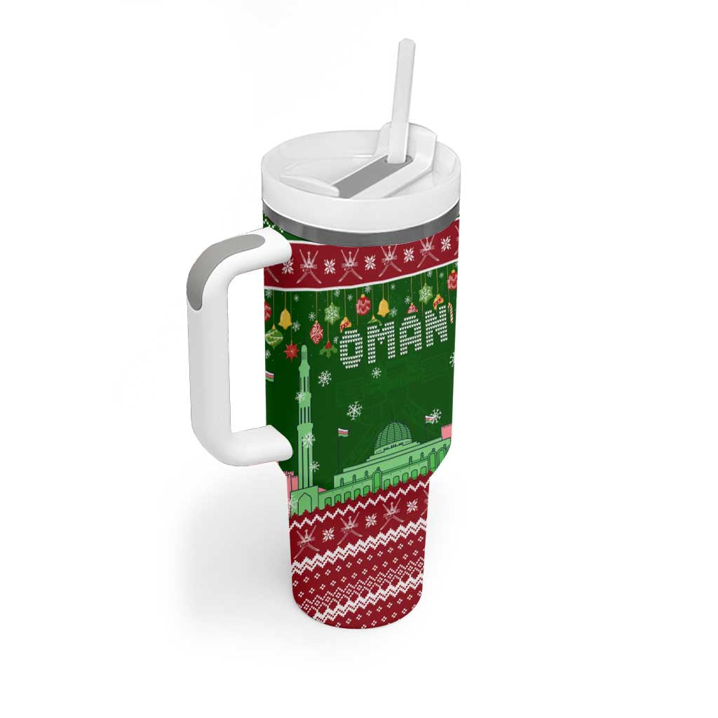 Oman Christmas Tumbler With Handle with Green-Red Pattern, Mosque and Fort Landmarks, and Festive Ornament Motif - Wonder Print Shop