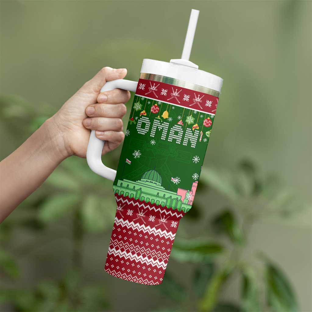 Oman Christmas Tumbler With Handle with Green-Red Pattern, Mosque and Fort Landmarks, and Festive Ornament Motif - Wonder Print Shop