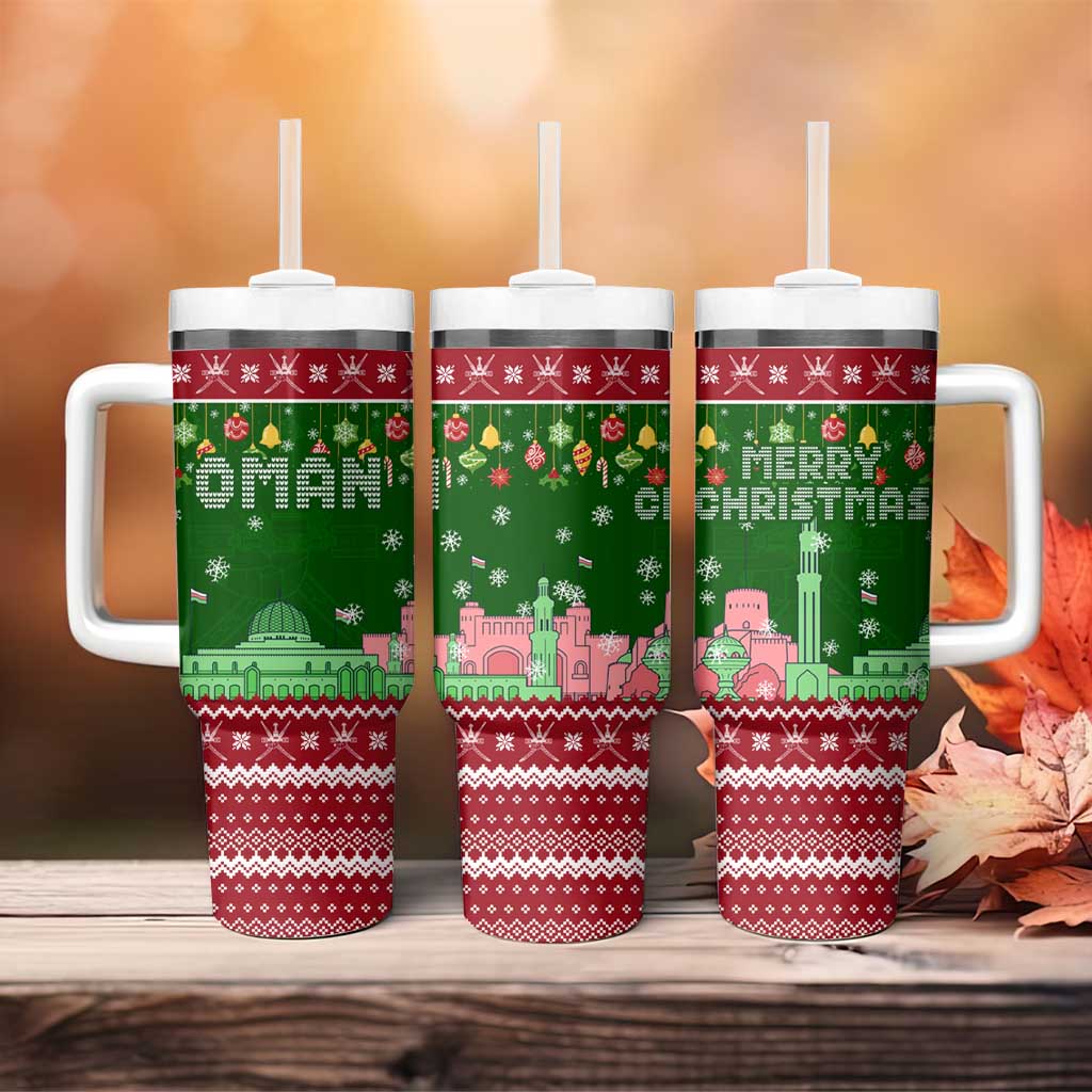 Oman Christmas Tumbler With Handle with Green-Red Pattern, Mosque and Fort Landmarks, and Festive Ornament Motif - Wonder Print Shop
