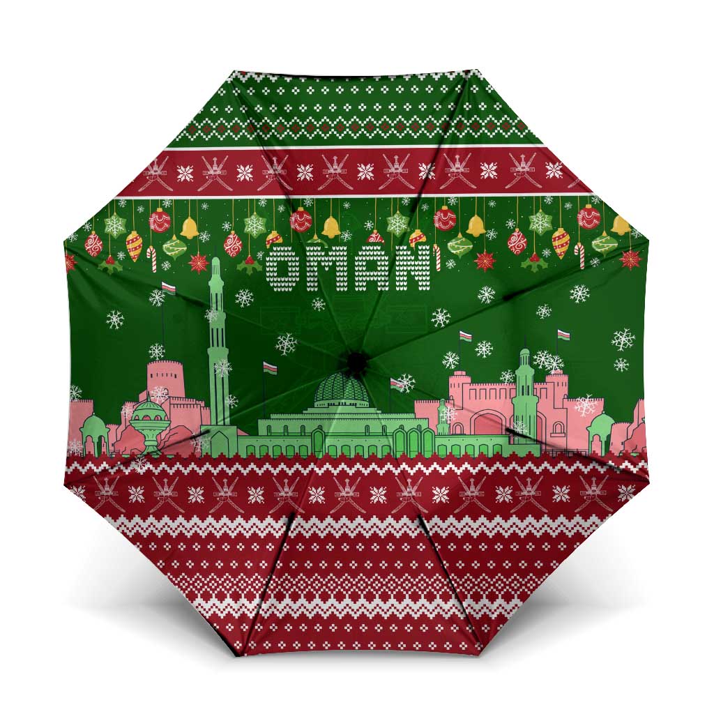 Oman Christmas Umbrella with Green-Red Pattern, Mosque and Fort Landmarks, and Festive Ornament Motif - Wonder Print Shop