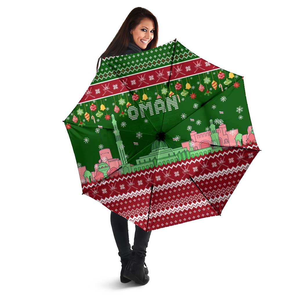 Oman Christmas Umbrella with Green-Red Pattern, Mosque and Fort Landmarks, and Festive Ornament Motif - Wonder Print Shop