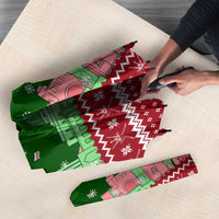 Oman Christmas Umbrella with Green-Red Pattern, Mosque and Fort Landmarks, and Festive Ornament Motif - Wonder Print Shop