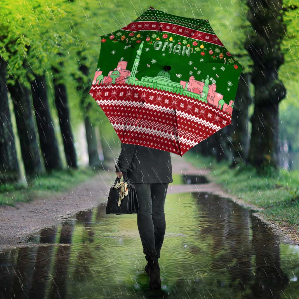 Oman Christmas Umbrella with Green-Red Pattern, Mosque and Fort Landmarks, and Festive Ornament Motif - Wonder Print Shop