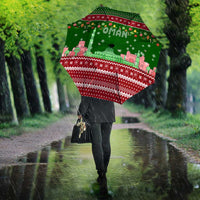 Oman Christmas Umbrella with Green-Red Pattern, Mosque and Fort Landmarks, and Festive Ornament Motif - Wonder Print Shop