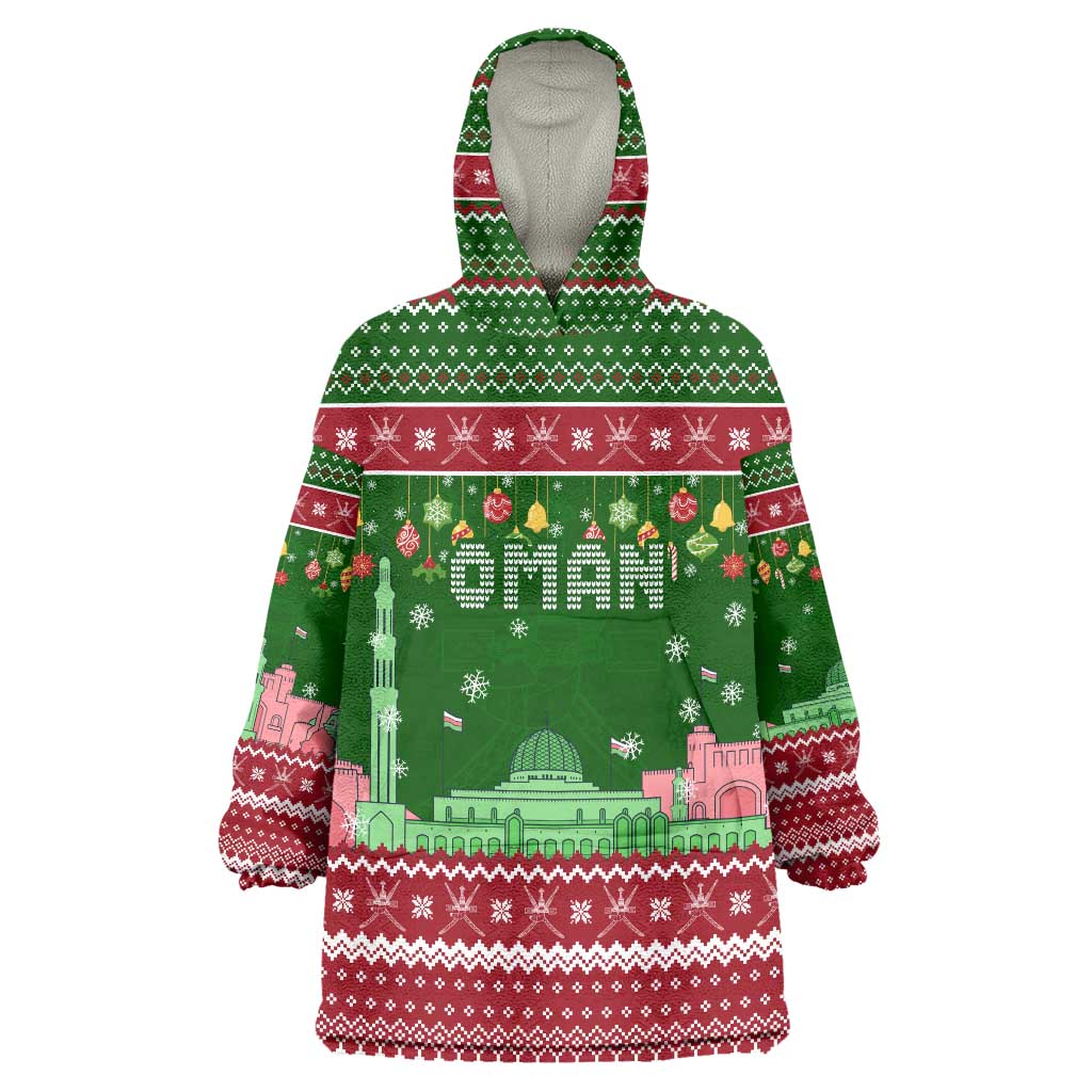 Oman Christmas Wearable Blanket Hoodie with Green-Red Pattern, Mosque and Fort Landmarks, and Festive Ornament Motif - Wonder Print Shop