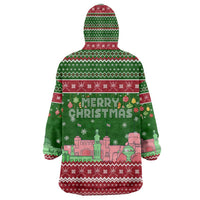 Oman Christmas Wearable Blanket Hoodie with Green-Red Pattern, Mosque and Fort Landmarks, and Festive Ornament Motif - Wonder Print Shop