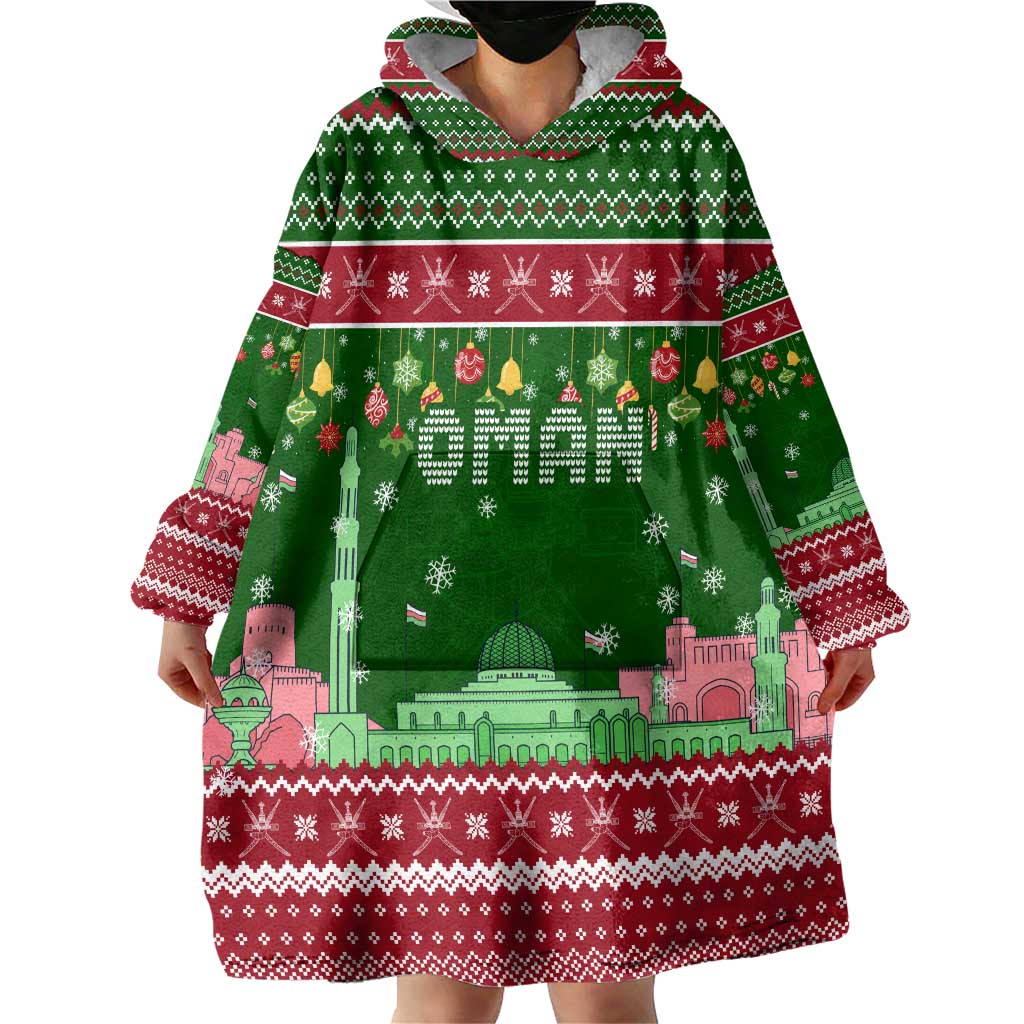 Oman Christmas Wearable Blanket Hoodie with Green-Red Pattern, Mosque and Fort Landmarks, and Festive Ornament Motif - Wonder Print Shop