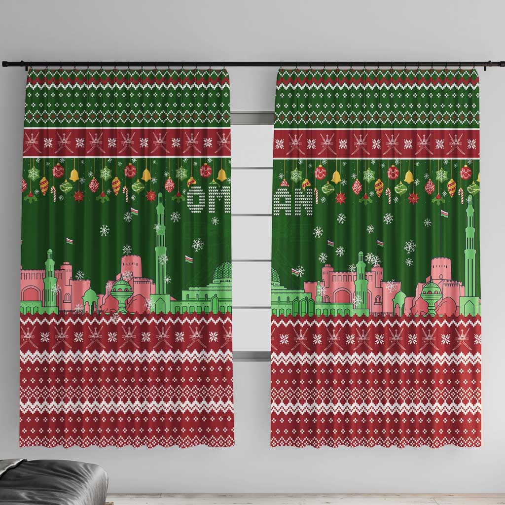 Oman Christmas Window Curtain with Green-Red Pattern, Mosque and Fort Landmarks, and Festive Ornament Motif - Wonder Print Shop