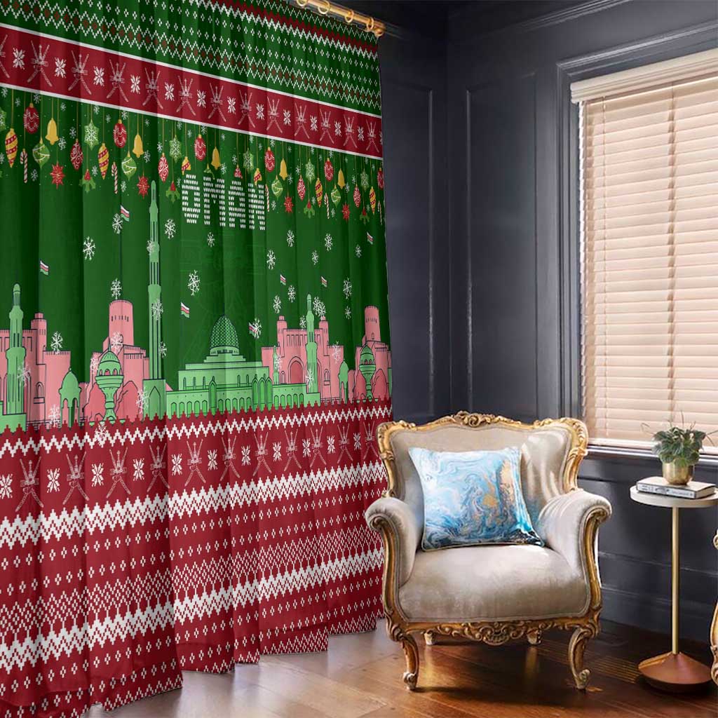 Oman Christmas Window Curtain with Green-Red Pattern, Mosque and Fort Landmarks, and Festive Ornament Motif - Wonder Print Shop