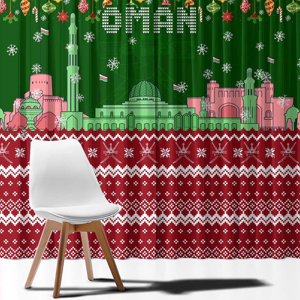 Oman Christmas Window Curtain with Green-Red Pattern, Mosque and Fort Landmarks, and Festive Ornament Motif - Wonder Print Shop