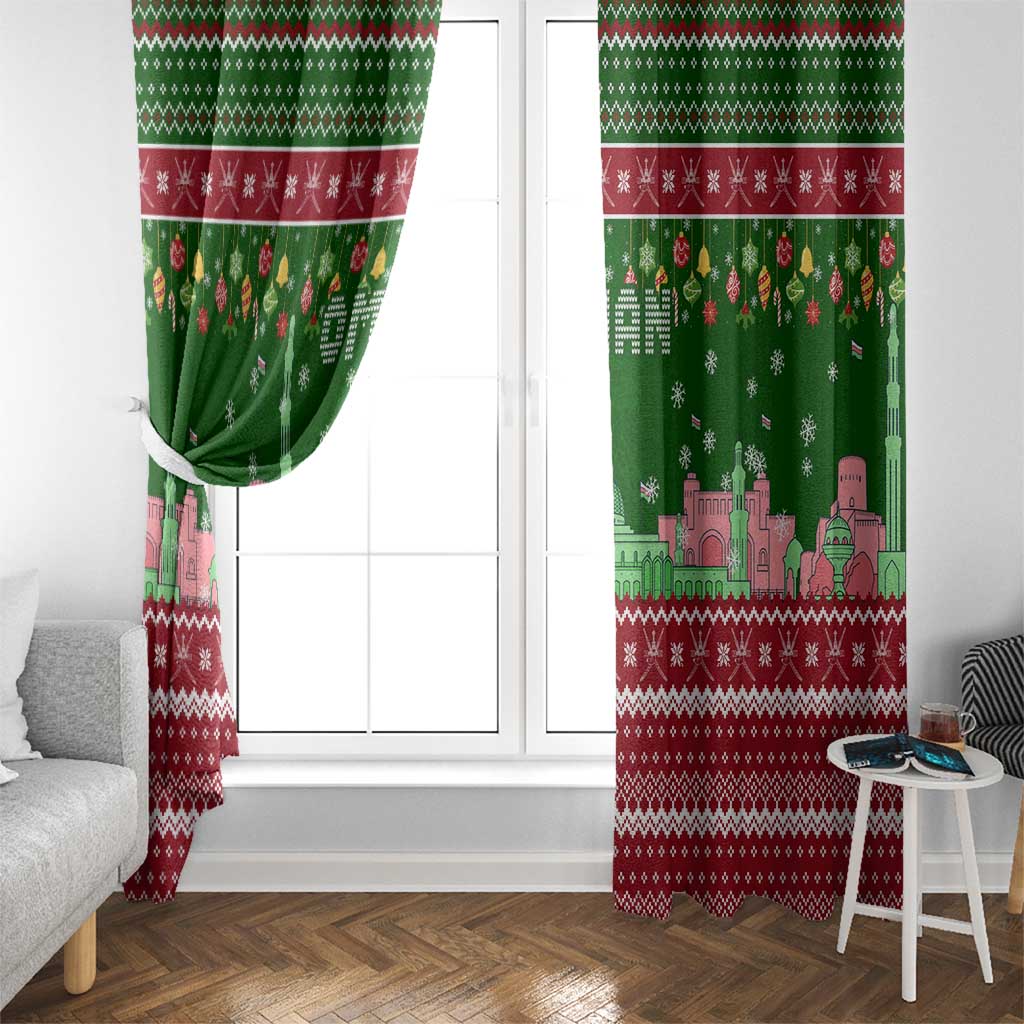 Oman Christmas Window Curtain with Green-Red Pattern, Mosque and Fort Landmarks, and Festive Ornament Motif - Wonder Print Shop