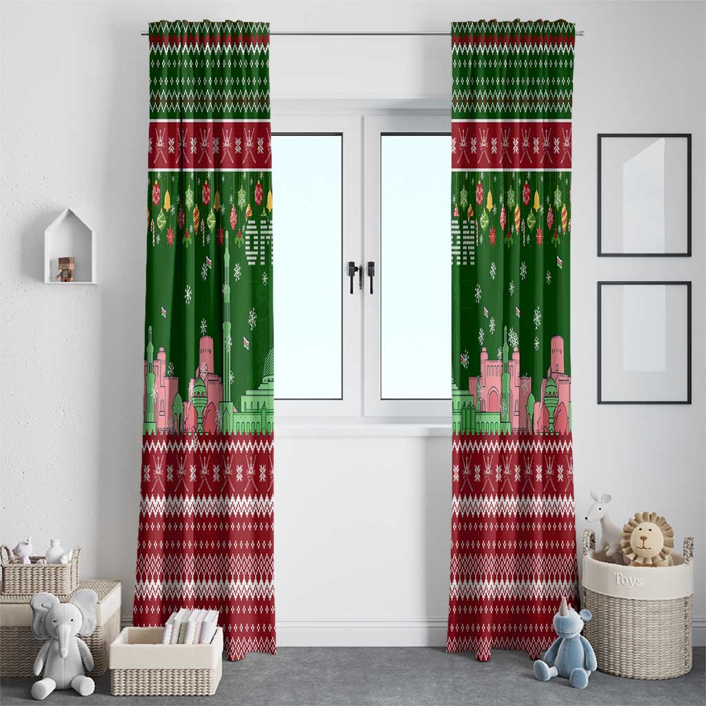 Oman Christmas Window Curtain with Green-Red Pattern, Mosque and Fort Landmarks, and Festive Ornament Motif - Wonder Print Shop