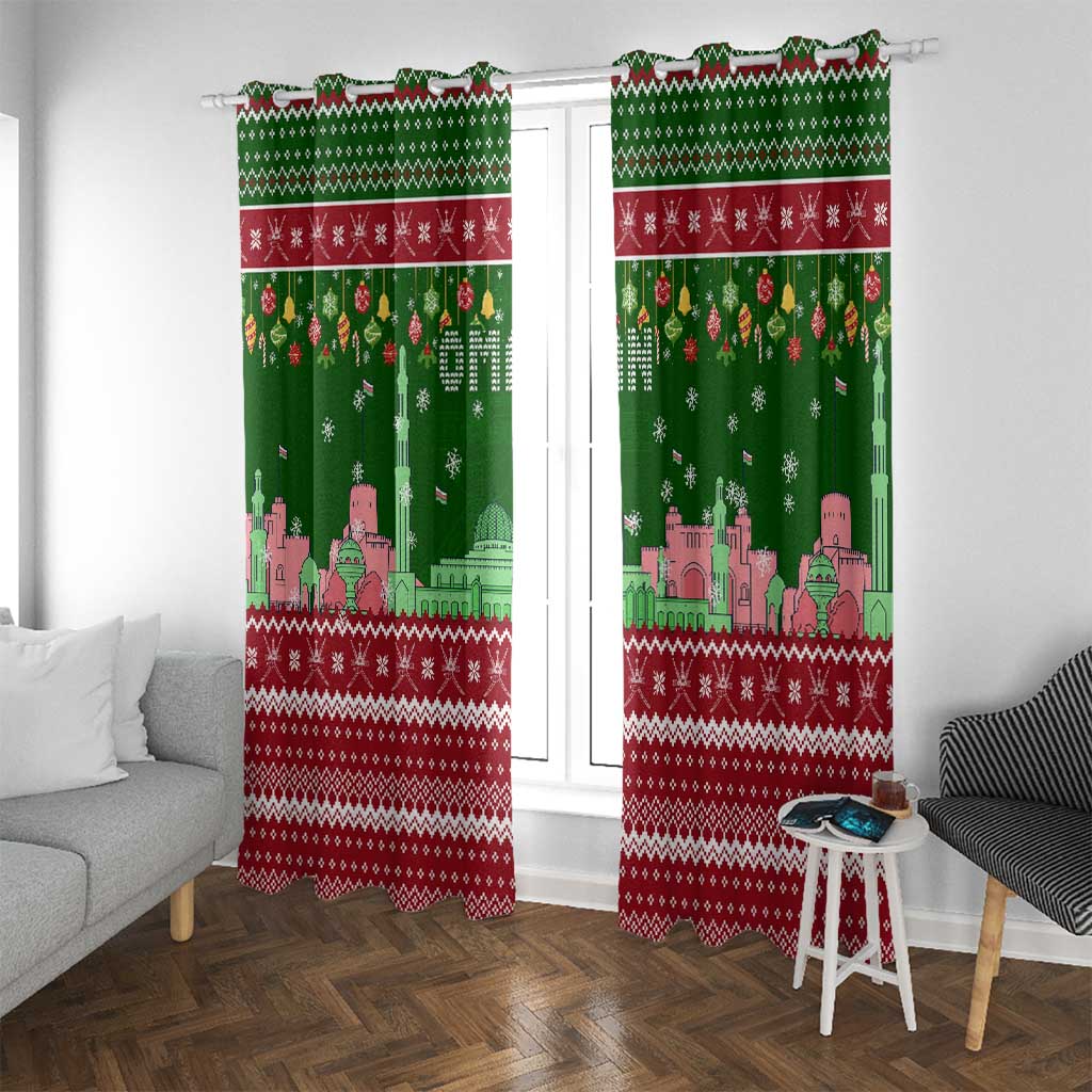 Oman Christmas Window Curtain with Green-Red Pattern, Mosque and Fort Landmarks, and Festive Ornament Motif - Wonder Print Shop