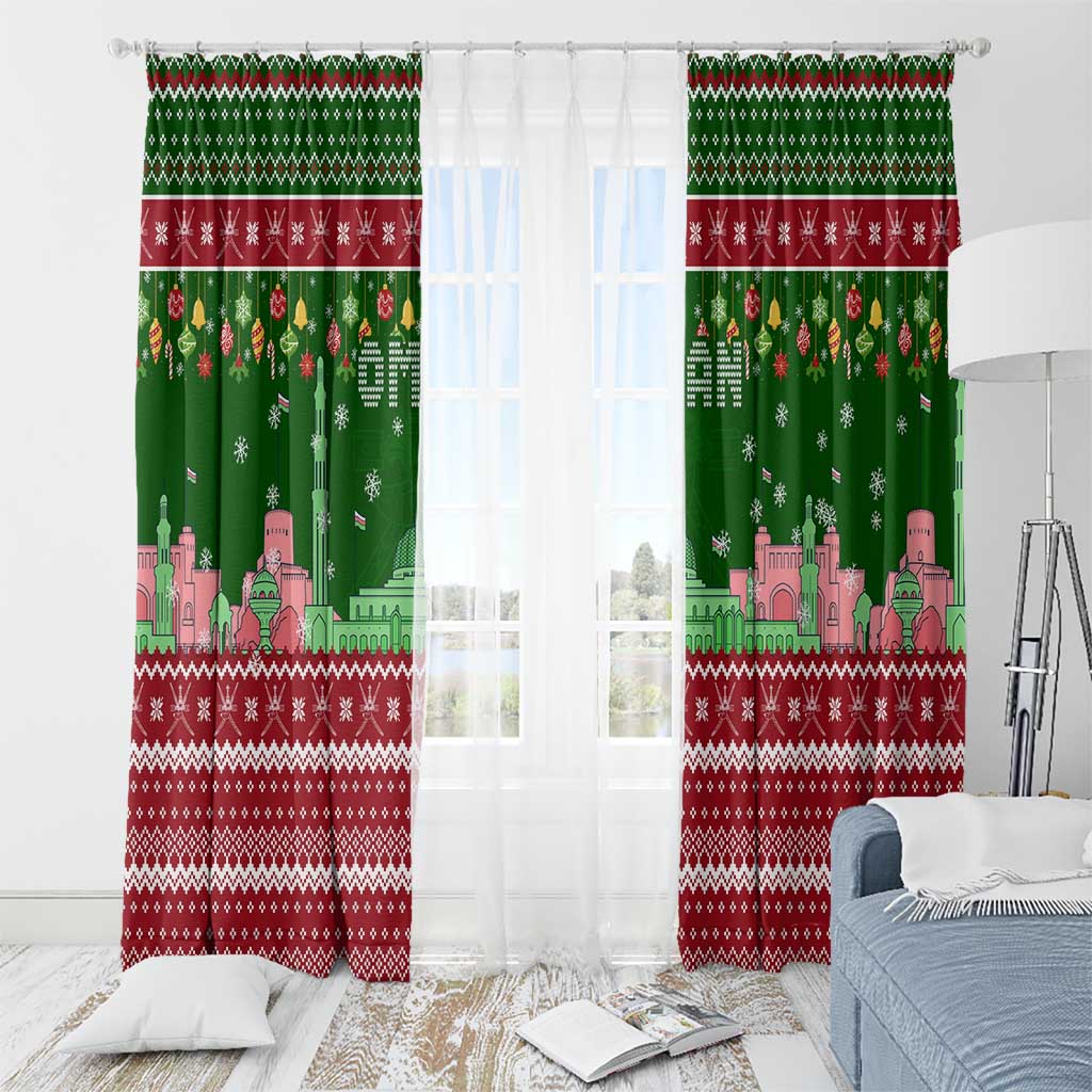 Oman Christmas Window Curtain with Green-Red Pattern, Mosque and Fort Landmarks, and Festive Ornament Motif - Wonder Print Shop