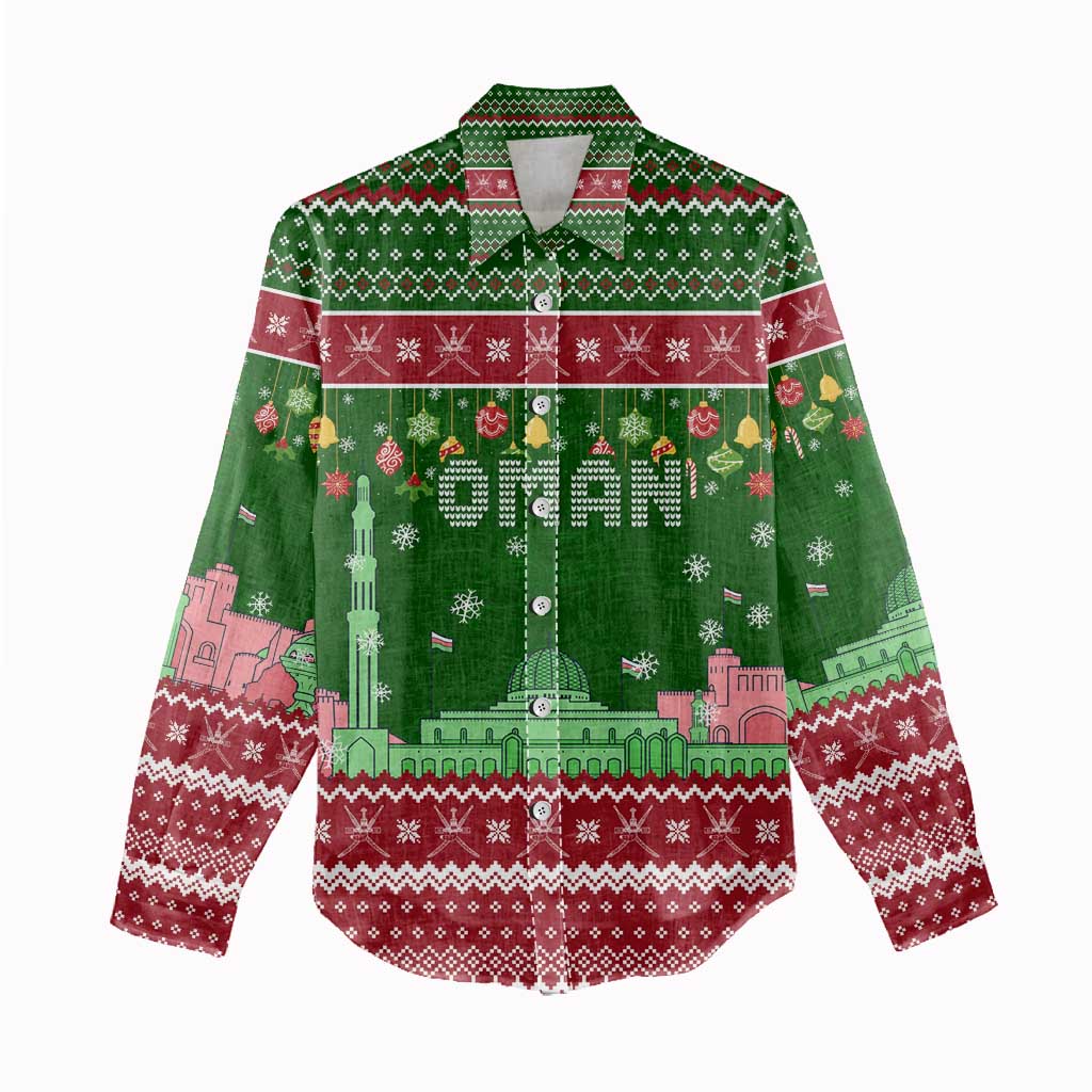 Oman Christmas Women Casual Shirt with Green-Red Pattern, Mosque and Fort Landmarks, and Festive Ornament Motif - Wonder Print Shop