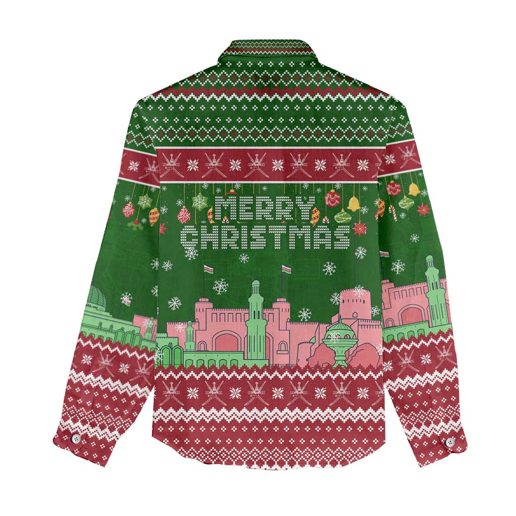 Oman Christmas Women Casual Shirt with Green-Red Pattern, Mosque and Fort Landmarks, and Festive Ornament Motif - Wonder Print Shop