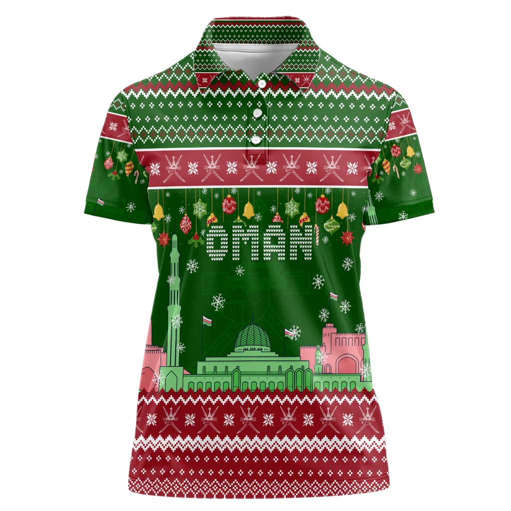 Oman Christmas Women Polo Shirt with Green-Red Pattern, Mosque and Fort Landmarks, and Festive Ornament Motif - Wonder Print Shop