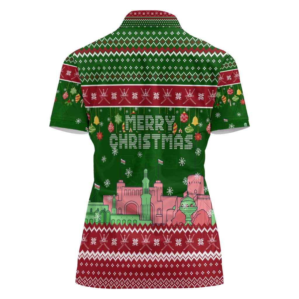 Oman Christmas Women Polo Shirt with Green-Red Pattern, Mosque and Fort Landmarks, and Festive Ornament Motif - Wonder Print Shop