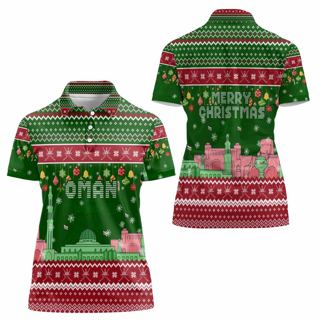 Oman Christmas Women Polo Shirt with Green-Red Pattern, Mosque and Fort Landmarks, and Festive Ornament Motif - Wonder Print Shop