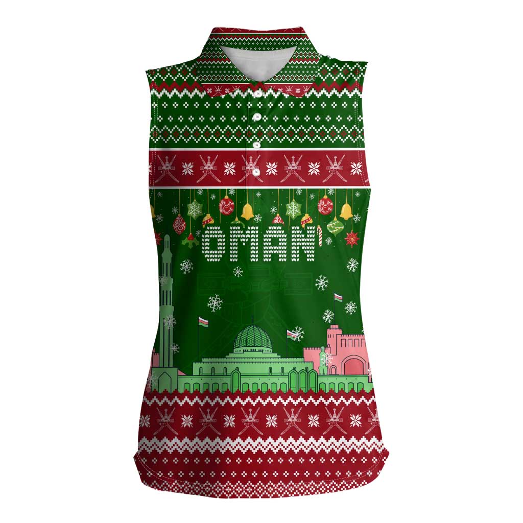 Oman Christmas Women Sleeveless Polo Shirt with Green-Red Pattern, Mosque and Fort Landmarks, and Festive Ornament Motif - Wonder Print Shop