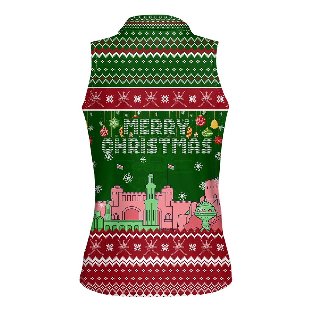 Oman Christmas Women Sleeveless Polo Shirt with Green-Red Pattern, Mosque and Fort Landmarks, and Festive Ornament Motif - Wonder Print Shop