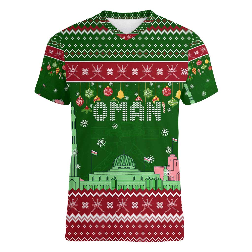 Oman Christmas Women V-Neck T-Shirt with Green-Red Pattern, Mosque and Fort Landmarks, and Festive Ornament Motif - Wonder Print Shop