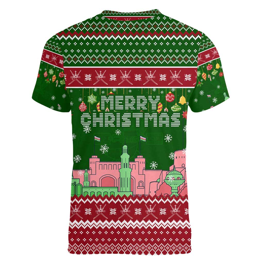 Oman Christmas Women V-Neck T-Shirt with Green-Red Pattern, Mosque and Fort Landmarks, and Festive Ornament Motif - Wonder Print Shop