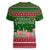 Oman Christmas Women V-Neck T-Shirt with Green-Red Pattern, Mosque and Fort Landmarks, and Festive Ornament Motif - Wonder Print Shop
