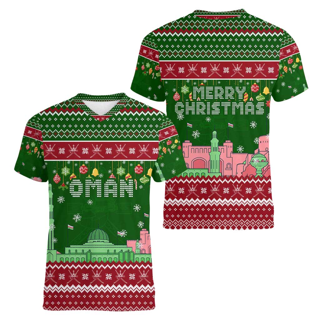 Oman Christmas Women V-Neck T-Shirt with Green-Red Pattern, Mosque and Fort Landmarks, and Festive Ornament Motif - Wonder Print Shop