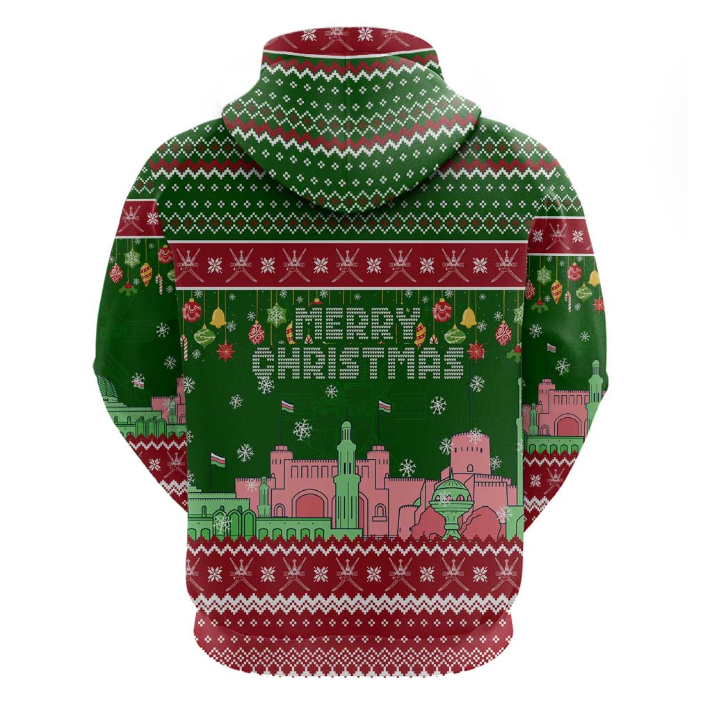Oman Christmas Zip Hoodie with Green-Red Pattern, Mosque and Fort Landmarks, and Festive Ornament Motif - Wonder Print Shop