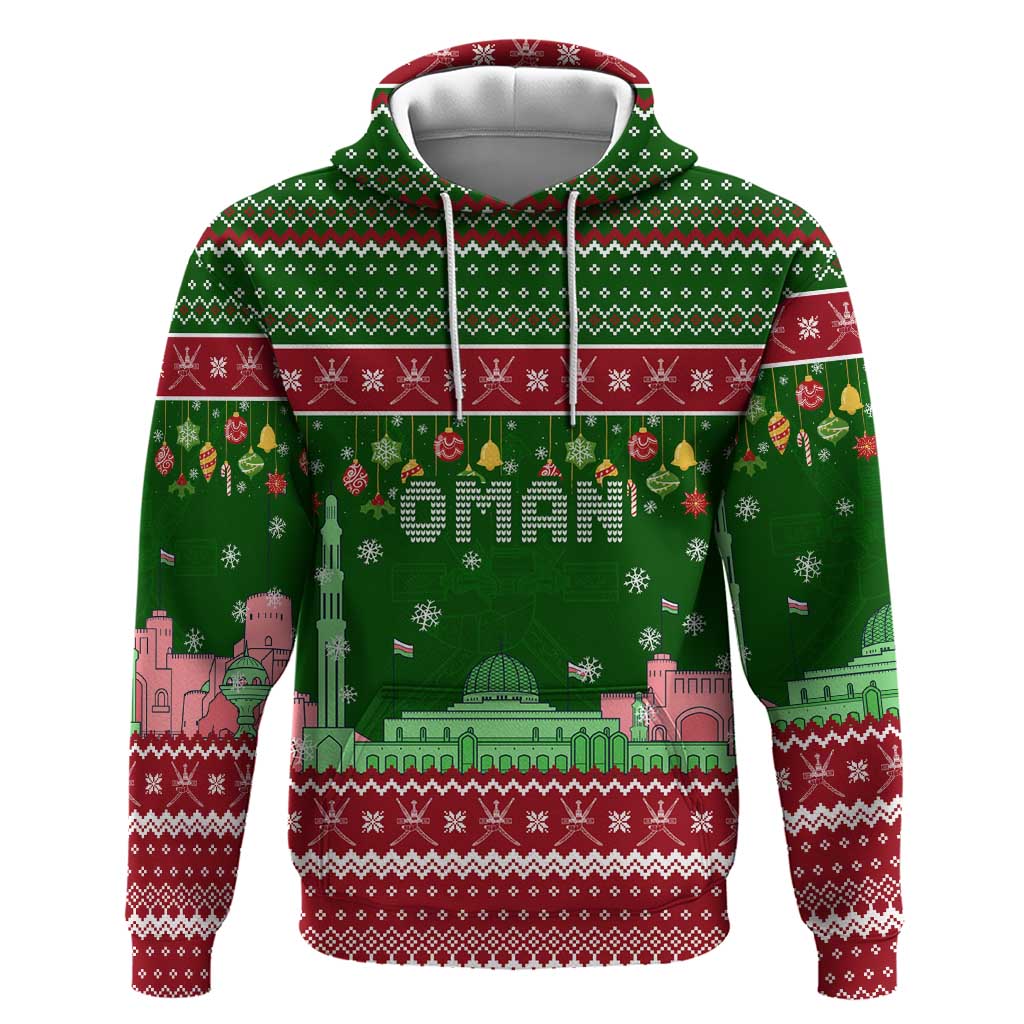 Oman Christmas Zip Hoodie with Green-Red Pattern, Mosque and Fort Landmarks, and Festive Ornament Motif - Wonder Print Shop