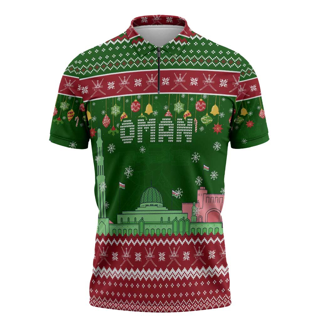 Oman Christmas Zipper Polo Shirt with Green-Red Pattern, Mosque and Fort Landmarks, and Festive Ornament Motif - Wonder Print Shop