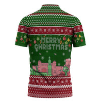 Oman Christmas Zipper Polo Shirt with Green-Red Pattern, Mosque and Fort Landmarks, and Festive Ornament Motif - Wonder Print Shop