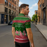 Oman Christmas Zipper Polo Shirt with Green-Red Pattern, Mosque and Fort Landmarks, and Festive Ornament Motif - Wonder Print Shop