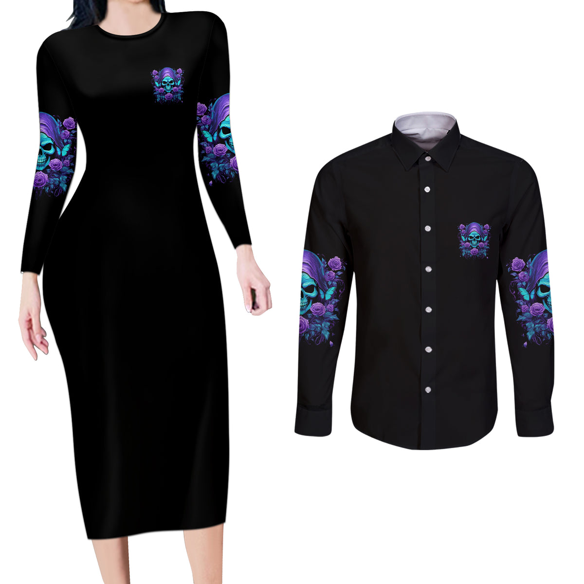 I'm Not Anti-social Mad Reaper Skull Couples Matching Long Sleeve Bodycon Dress and Long Sleeve Button Shirt - Wonder Print Shop