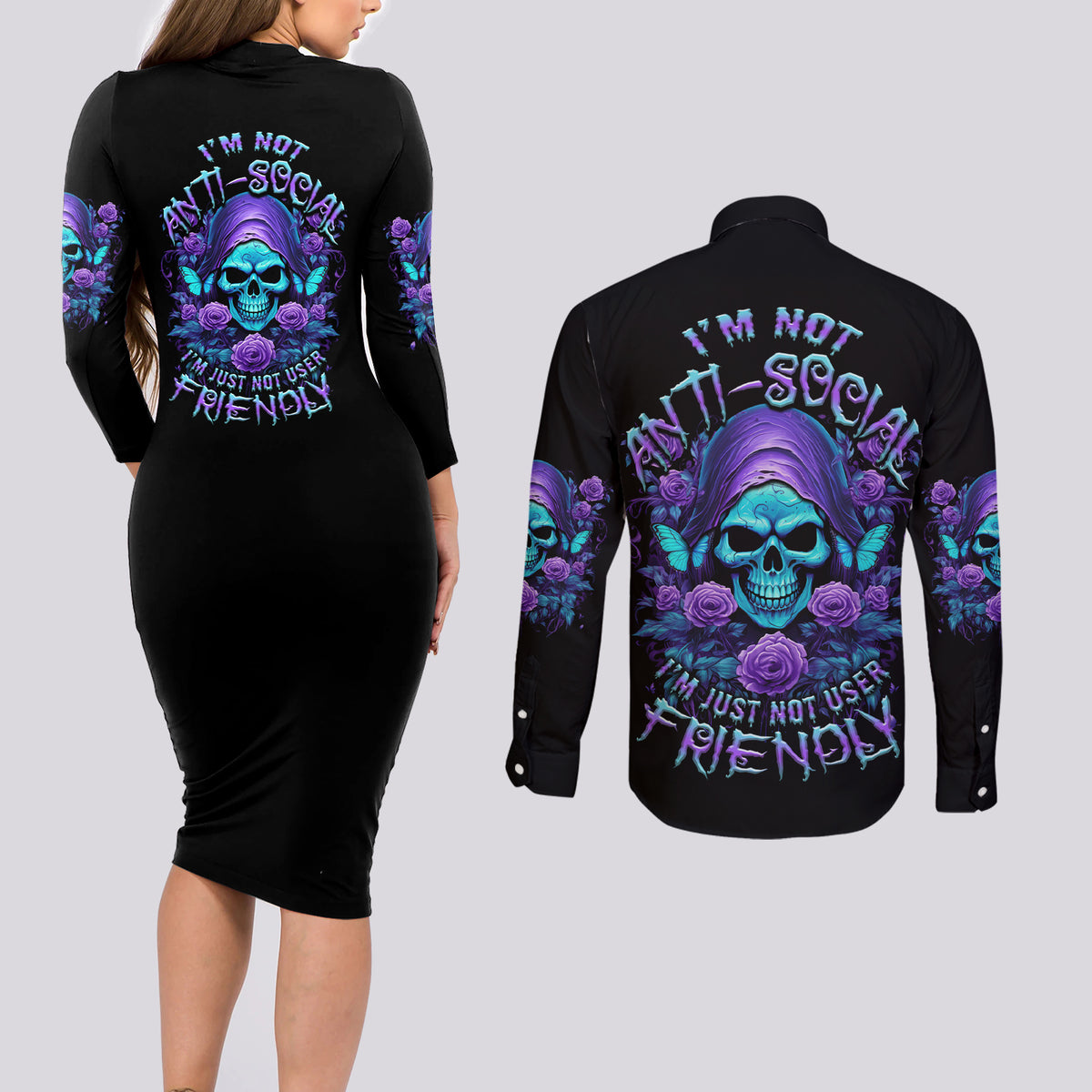 I'm Not Anti-social Mad Reaper Skull Couples Matching Long Sleeve Bodycon Dress and Long Sleeve Button Shirt - Wonder Print Shop